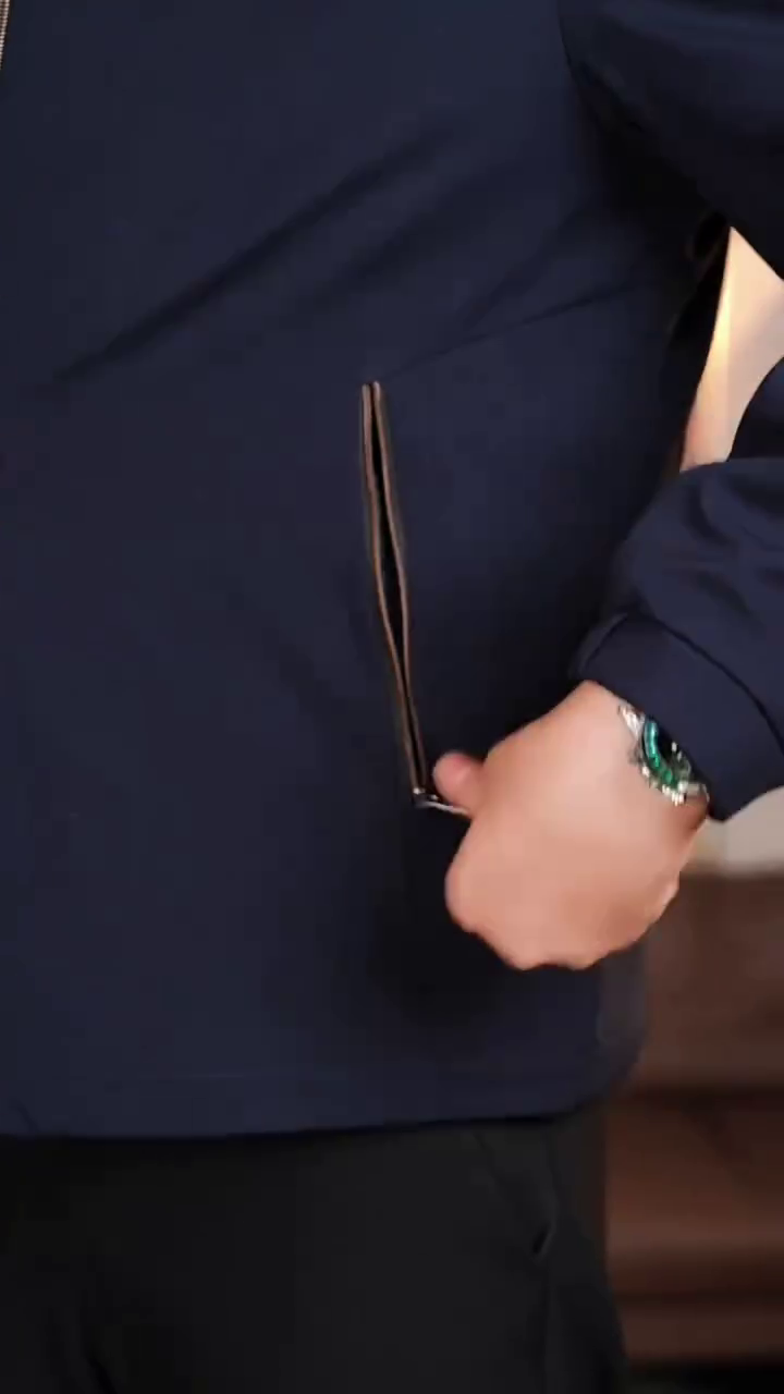 Men's Classic Navy Blue Band Collar Zip Jacket - Image 6