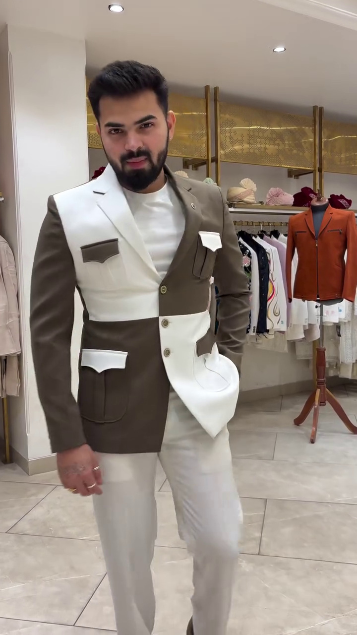 Men’s Olive & Ivory Colorblock Designer Blazer Set