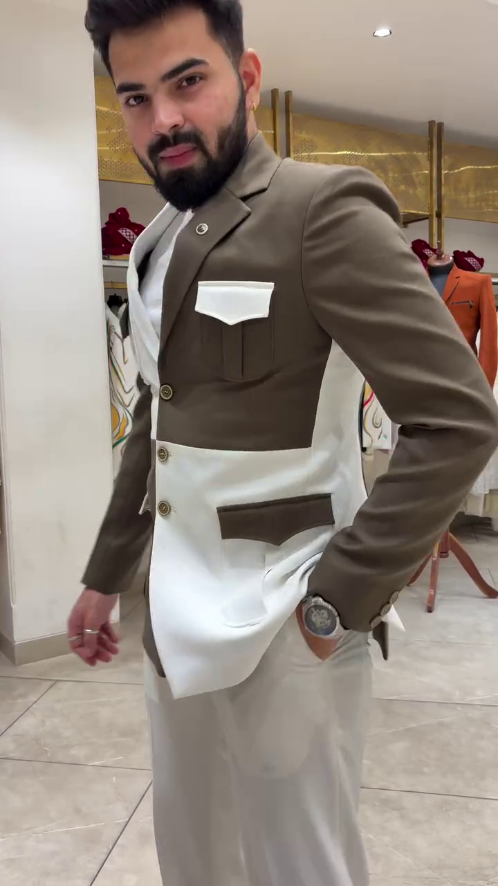 Men’s Olive & Ivory Colorblock Designer Blazer Set - Image 2