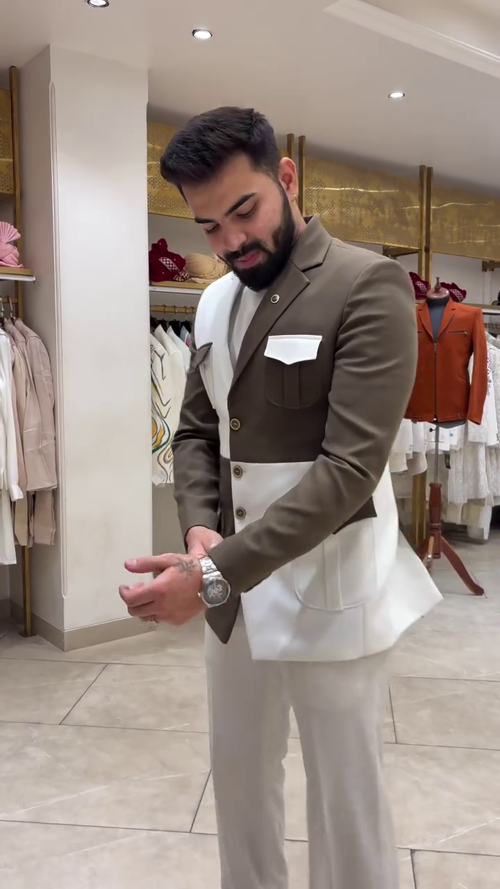 Men’s Olive & Ivory Colorblock Designer Blazer Set - Image 3