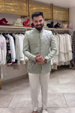 Men’s Mint Green Embroidered Bandhgala Jacket Set