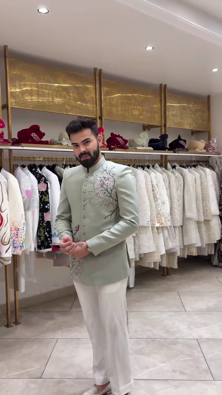 Men’s Mint Green Embroidered Bandhgala Jacket Set - Image 2