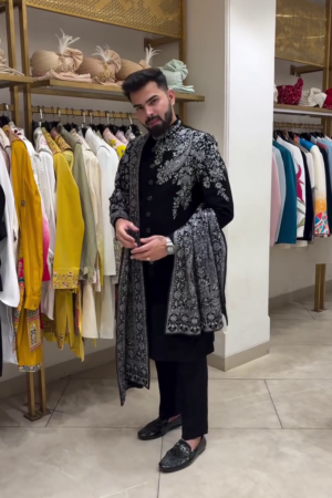 Men’s Black Embroidered Sherwani Set with Statement Shawl