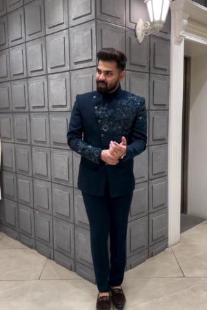 Men’s Midnight Blue Embroidered Bandhgala Suit Set