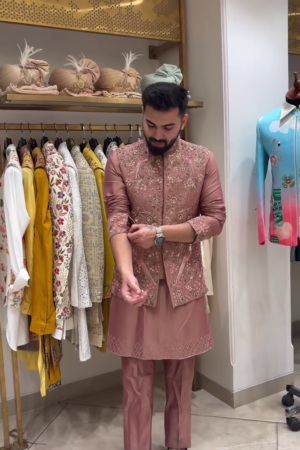 Men’s Rosewood Embroidered Nehru Jacket Kurta Set