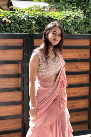 Onion Pink Pearl Embroidered Pre Draped Saree Set