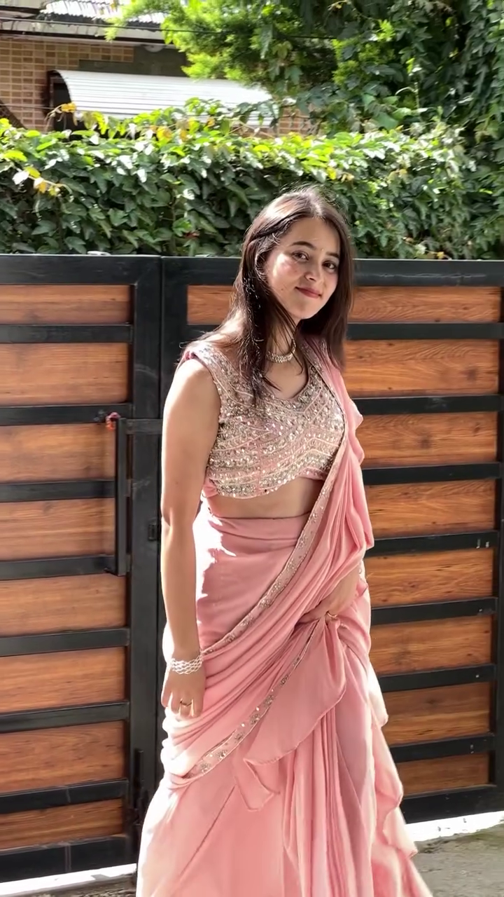 Onion Pink Pearl Embroidered Pre Draped Saree Set