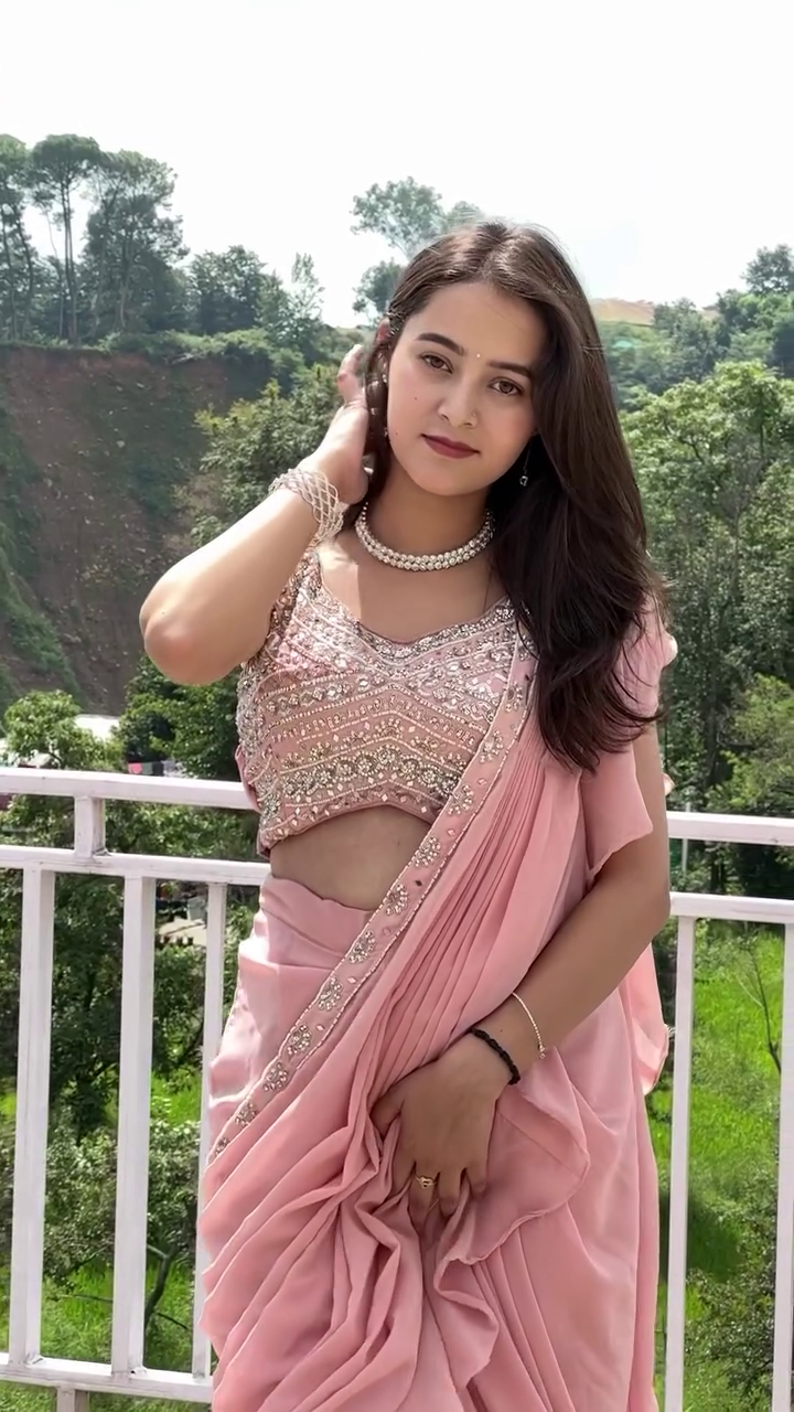 Onion Pink Pearl Embroidered Pre Draped Saree Set - Image 4